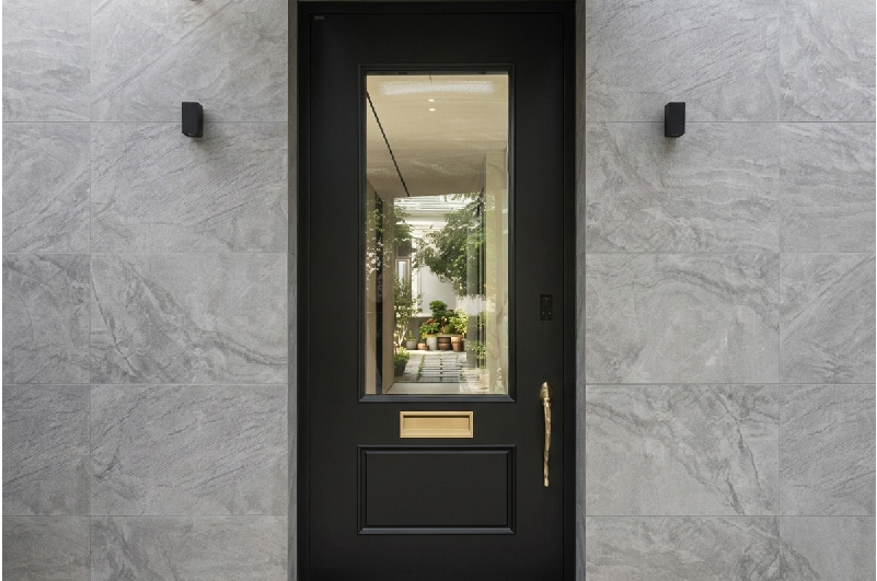 Modern glass forward entrance door